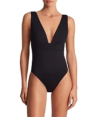 Lauren Ralph Lauren Core Solid Modern Plunge One Piece Swimsuit