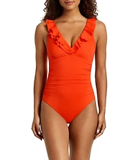 Lauren Ralph Lauren Core Solid Ruffle Underwire One Piece Swimsuit