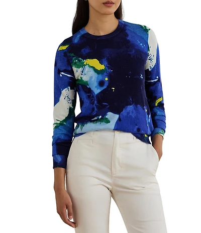 Lauren Ralph Lauren Cotton-Blend Abstract Print Crew Neck Long Sleeve Sweater Top