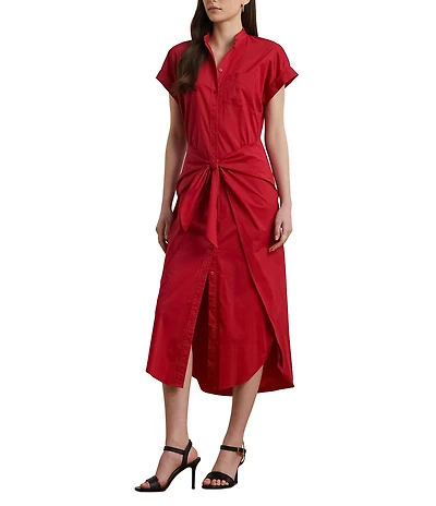 Lauren Ralph Lauren Cotton Blend Banded Collar Short Sleeve Shirt Midi Dress