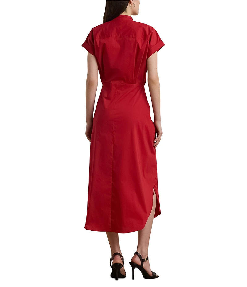 Lauren Ralph Lauren Cotton Blend Banded Collar Short Sleeve Shirt Midi Dress