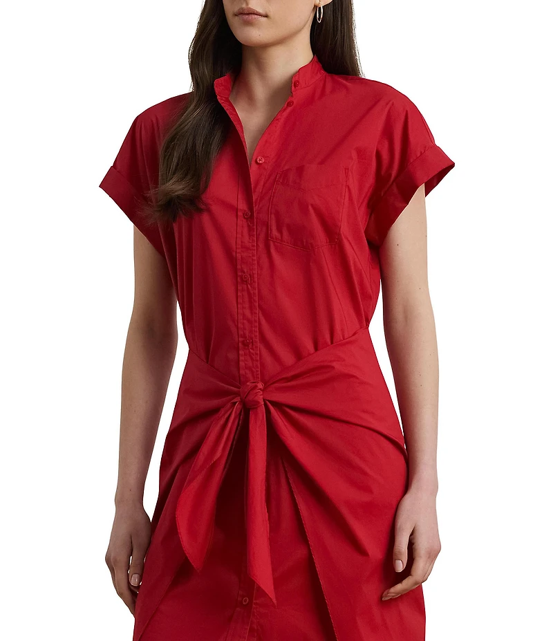 Lauren Ralph Lauren Cotton Blend Banded Collar Short Sleeve Shirt Midi Dress