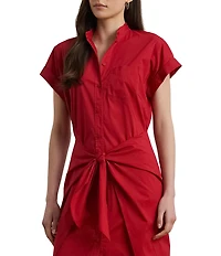 Lauren Ralph Lauren Cotton Blend Banded Collar Short Sleeve Shirt Midi Dress