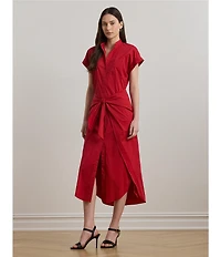 Lauren Ralph Lauren Cotton Blend Banded Collar Short Sleeve Shirt Midi Dress