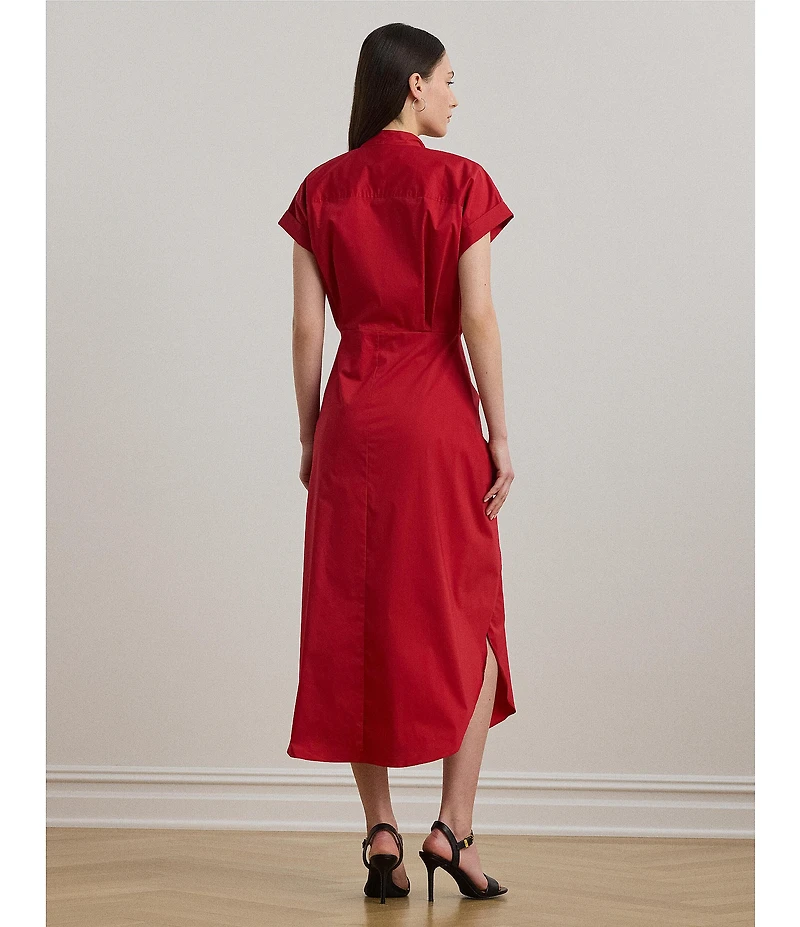 Lauren Ralph Lauren Cotton Blend Banded Collar Short Sleeve Shirt Midi Dress