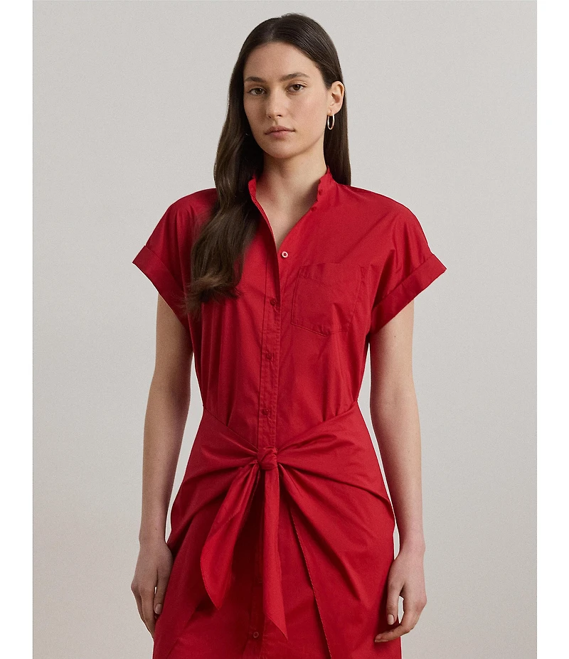 Lauren Ralph Lauren Cotton Blend Banded Collar Short Sleeve Shirt Midi Dress