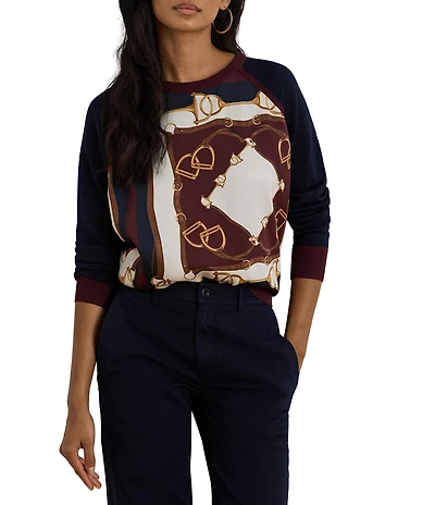 Lauren Ralph Lauren Cotton Blend Equestrian Print Crew Neck Long Sleeve Sweater
