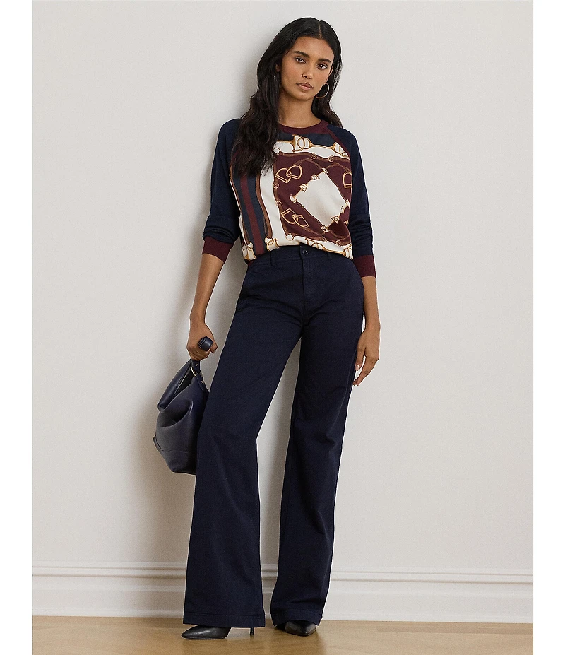 Lauren Ralph Lauren Cotton Blend Equestrian Print Crew Neck Long Sleeve Sweater