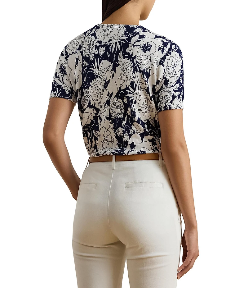 Lauren Ralph Lauren Cotton Blend Floral Crew Neck Short Sleeve Sweater Top
