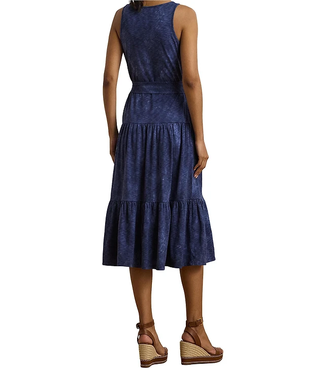 Lauren Ralph Lauren V-Neck Sleeveless Tie Front Tiered Skirt Midi
