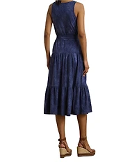 Lauren Ralph Lauren Cotton-Blend Jersey Tie Dye Scoop Neck Sleeveless Tiered Midi Dress