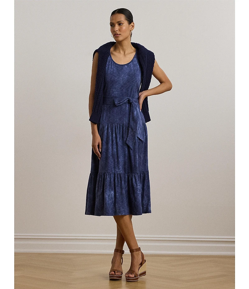 Lauren Ralph Lauren Cotton-Blend Jersey Tie Dye Scoop Neck Sleeveless Tiered Midi Dress