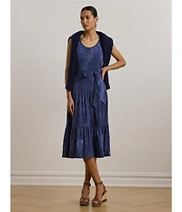 Lauren Ralph Lauren Cotton-Blend Jersey Tie Dye Scoop Neck Sleeveless Tiered Midi Dress