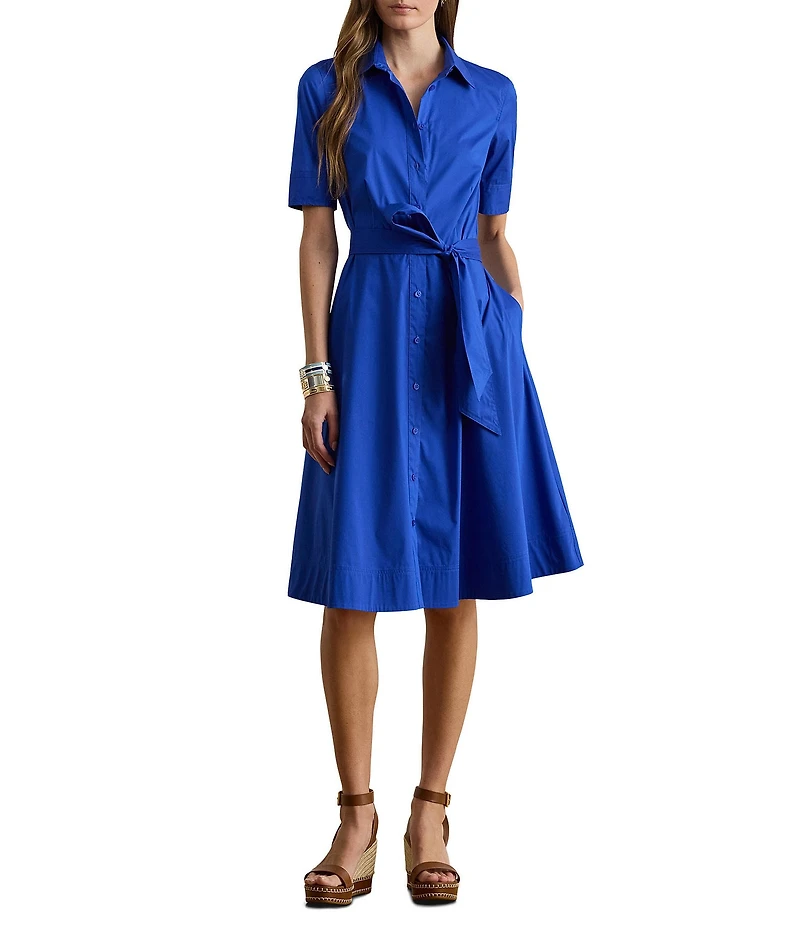Lauren Ralph Lauren Cotton-Blend Point Collar Elbow Sleeve Belted Shirt Dress