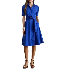 Lauren Ralph Lauren Cotton-Blend Point Collar Elbow Sleeve Belted Shirt Dress