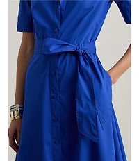 Lauren Ralph Lauren Cotton-Blend Point Collar Elbow Sleeve Belted Shirt Dress