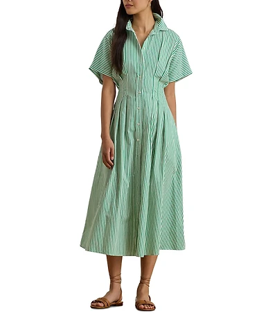 Lauren Ralph Lauren Cotton Broadcloth Tailored Stripe Fit & Flare Midi Shirt Dress