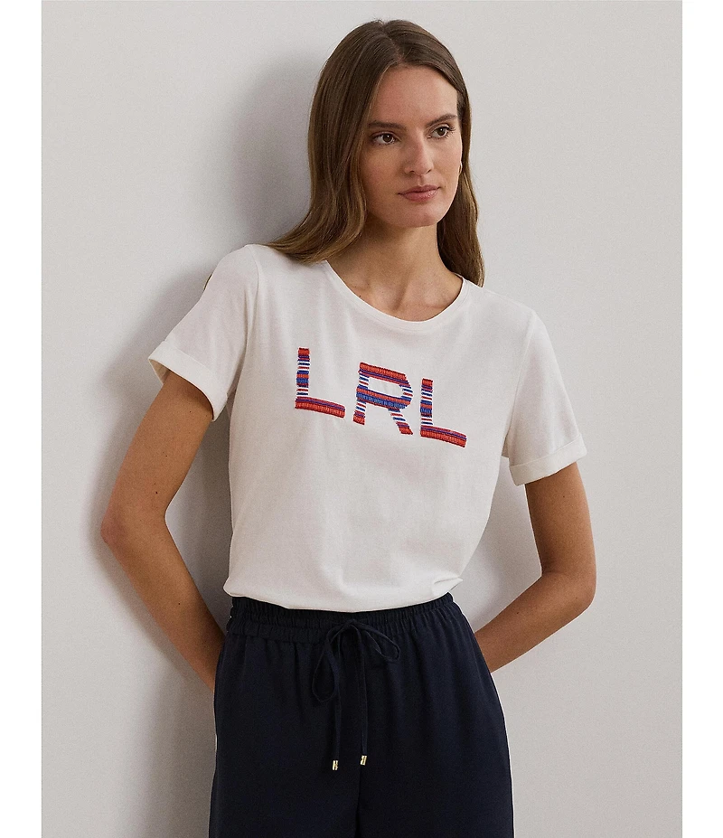 Lauren Ralph Lauren Cotton Jersey Beaded Logo Crew Neck Short Sleeve Tee