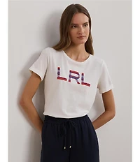 Lauren Ralph Lauren Cotton Jersey Beaded Logo Crew Neck Short Sleeve Tee