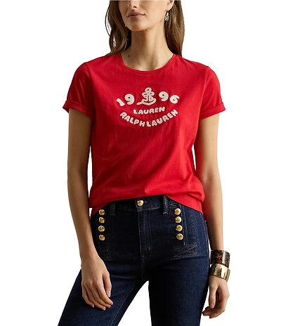 Lauren Ralph Lauren Cotton Jersey Embroidered Logo Crew Neck Short Sleeve T-Shirt