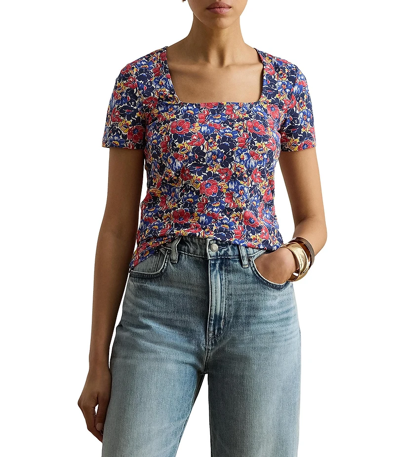 Lauren Ralph Lauren Cotton Jersey Floral Square Neck Short Sleeve Top