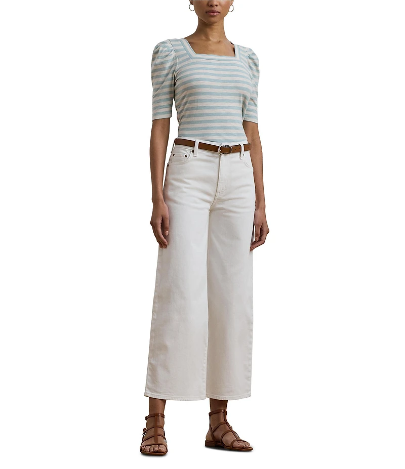Lauren Ralph Lauren Cotton Jersey Striped Square Neck Short Puff Sleeve Top