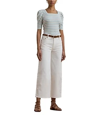 Lauren Ralph Lauren Cotton Jersey Striped Square Neck Short Puff Sleeve Top