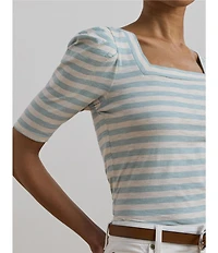Lauren Ralph Lauren Cotton Jersey Striped Square Neck Short Puff Sleeve Top