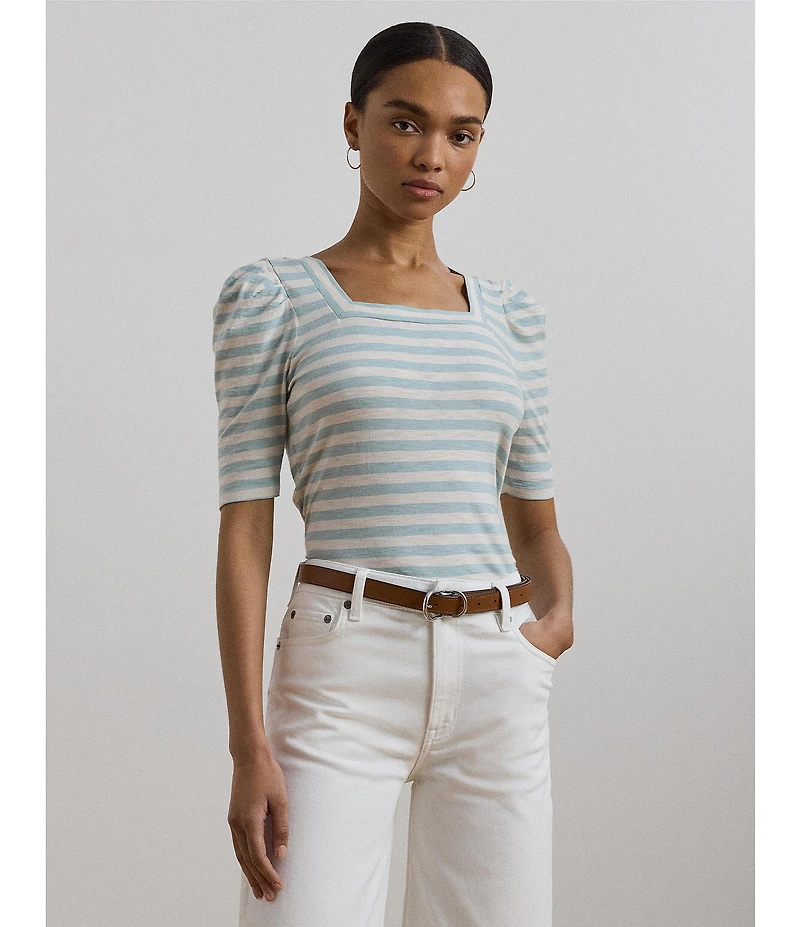 Lauren Ralph Lauren Cotton Jersey Striped Square Neck Short Puff Sleeve Top