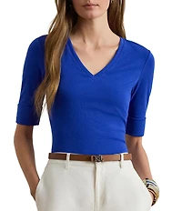 Lauren Ralph Lauren Cotton Knit V-Neck Elbow Sleeve Tee