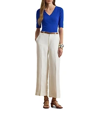 Lauren Ralph Lauren Cotton Knit V-Neck Elbow Sleeve Tee