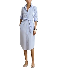 Lauren Ralph Lauren Cotton Point Collar Long Sleeve Button Front Belted Midi Shirt Dress