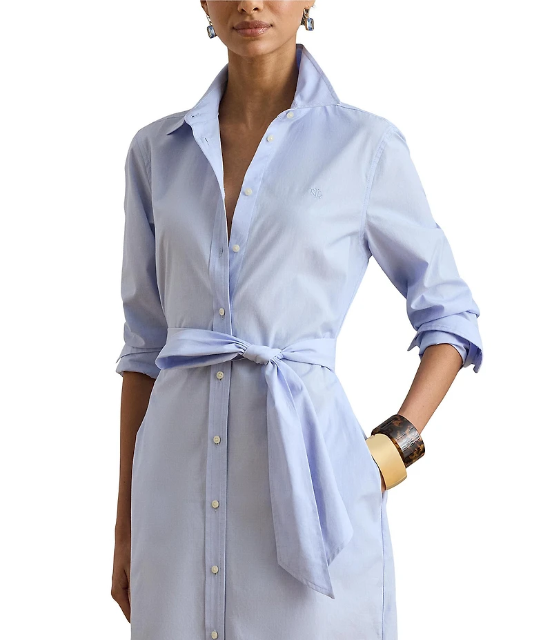 Lauren Ralph Lauren Cotton Point Collar Long Sleeve Button Front Belted Midi Shirt Dress