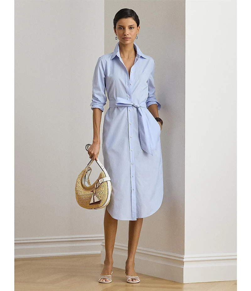 Lauren Ralph Lauren Cotton Point Collar Long Sleeve Button Front Belted Midi Shirt Dress