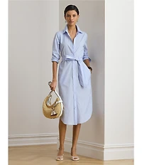 Lauren Ralph Lauren Cotton Point Collar Long Sleeve Button Front Belted Midi Shirt Dress