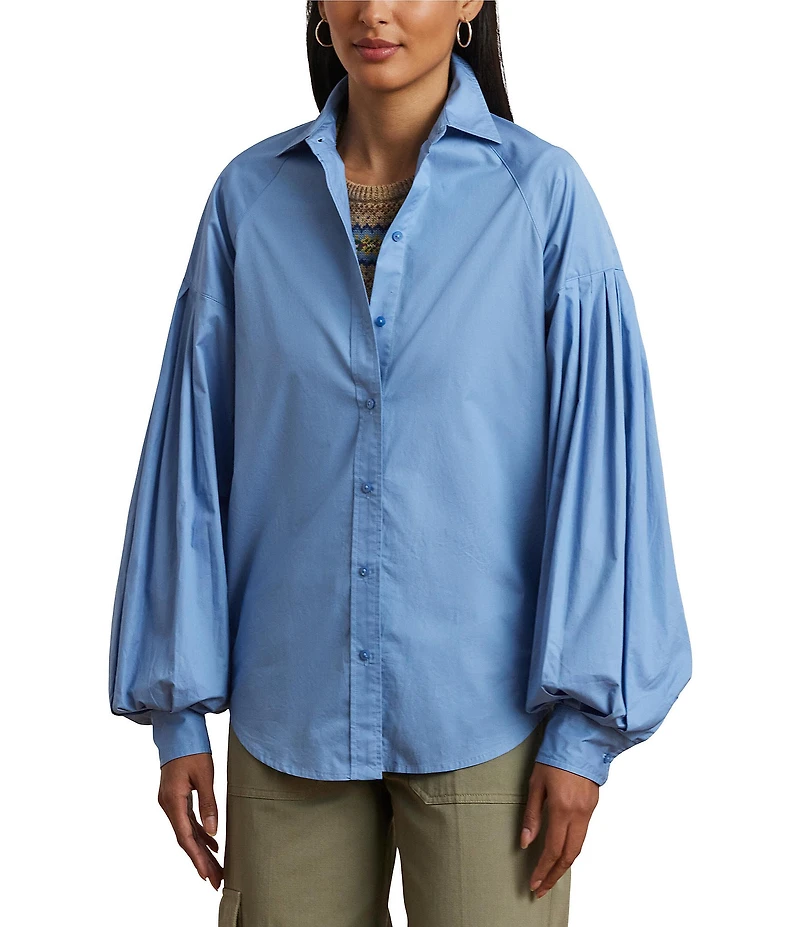 Lauren Ralph Lauren Cotton Poplin Point Collar Long Blouson Sleeve Button-Front Shirt