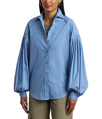 Lauren Ralph Lauren Cotton Poplin Point Collar Long Blouson Sleeve Button-Front Shirt