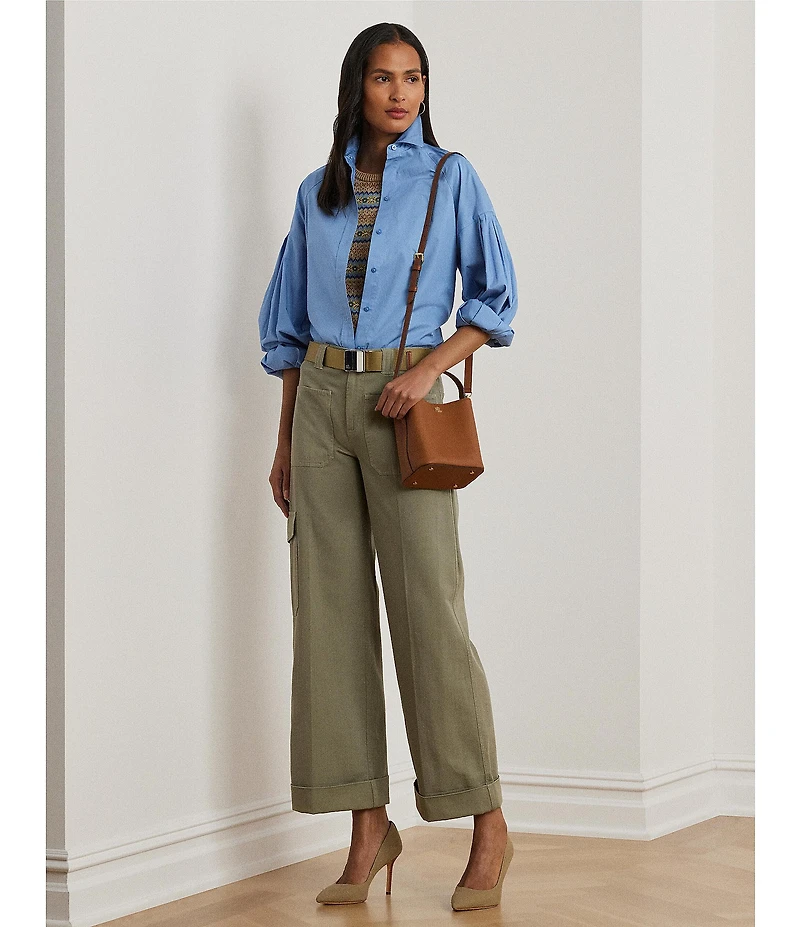 Lauren Ralph Lauren Cotton Poplin Point Collar Long Blouson Sleeve Button-Front Shirt