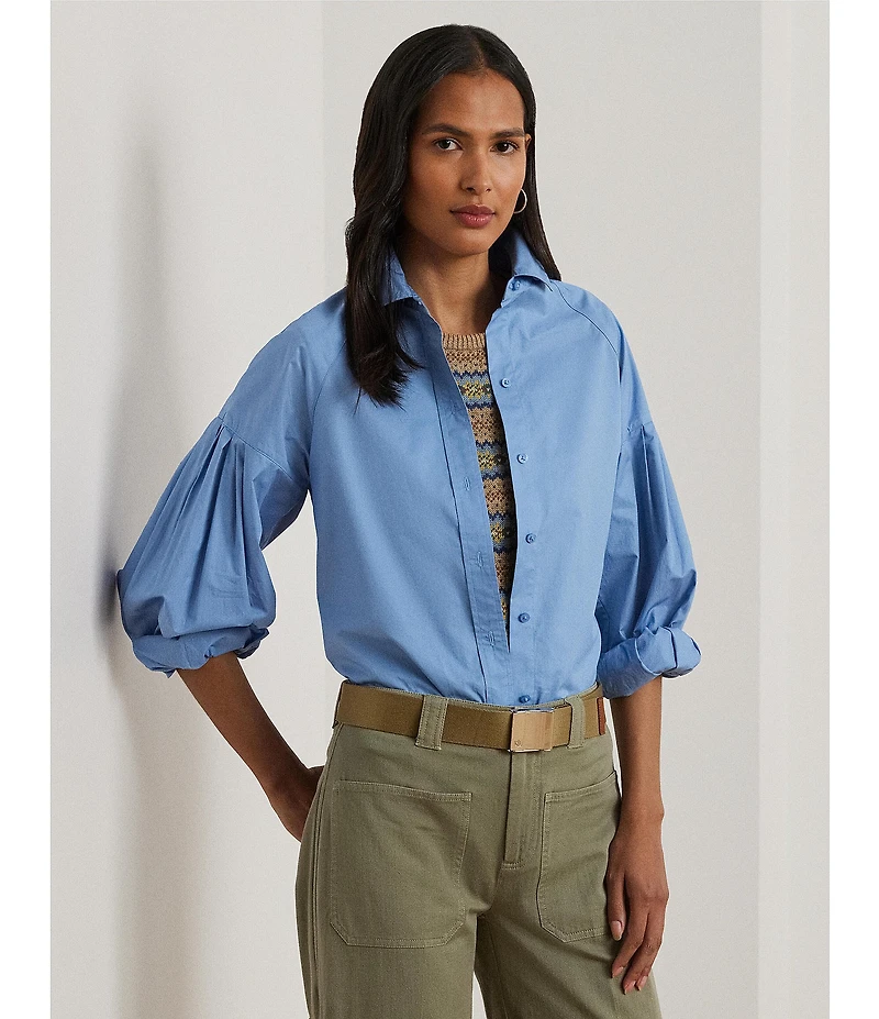 Lauren Ralph Lauren Cotton Poplin Point Collar Long Blouson Sleeve Button-Front Shirt
