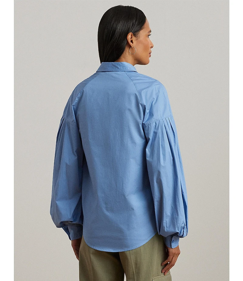 Lauren Ralph Lauren Cotton Poplin Point Collar Long Blouson Sleeve Button-Front Shirt