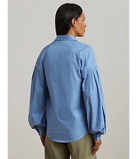 Lauren Ralph Lauren Cotton Poplin Point Collar Long Blouson Sleeve Button-Front Shirt