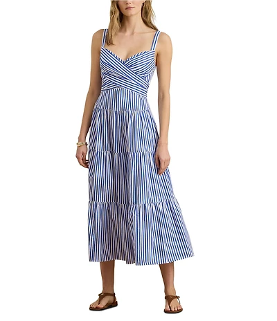 Lauren Ralph Lauren Cotton Striped Sweetheart Neck Sleeveless A-Line Midi Dress