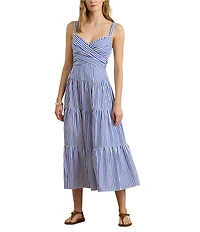 Lauren Ralph Lauren Cotton Striped Sweetheart Neck Sleeveless A-Line Midi Dress