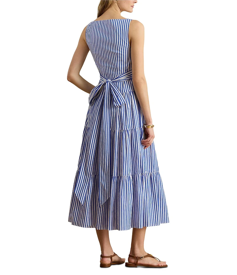Lauren Ralph Lauren Cotton Striped Sweetheart Neck Sleeveless A-Line Midi Dress