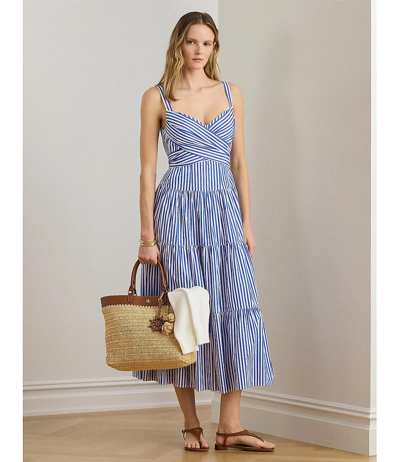 Lauren Ralph Lauren Cotton Striped Sweetheart Neck Sleeveless A-Line Midi Dress