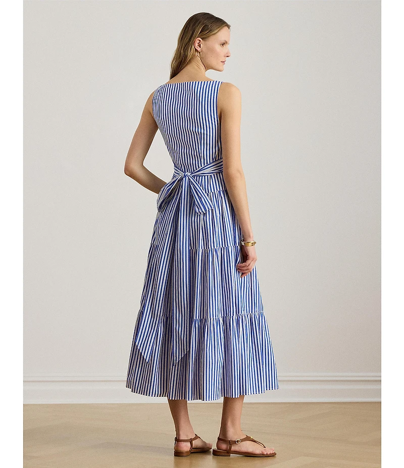 Lauren Ralph Lauren Cotton Striped Sweetheart Neck Sleeveless A-Line Midi Dress