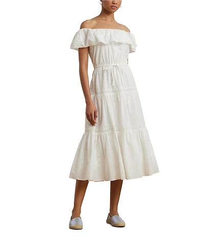 Lauren Ralph Lauren Cotton Voile Off-The-Shoulder Midi A-Line Dress