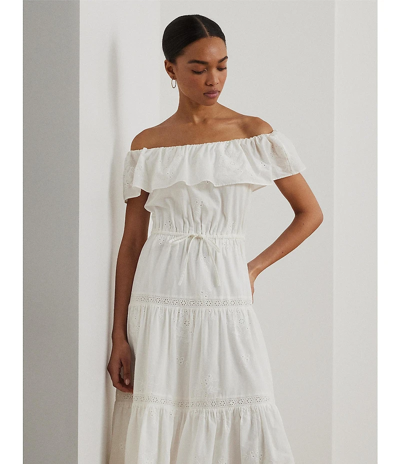 Lauren Ralph Lauren Cotton Voile Off-The-Shoulder Midi A-Line Dress
