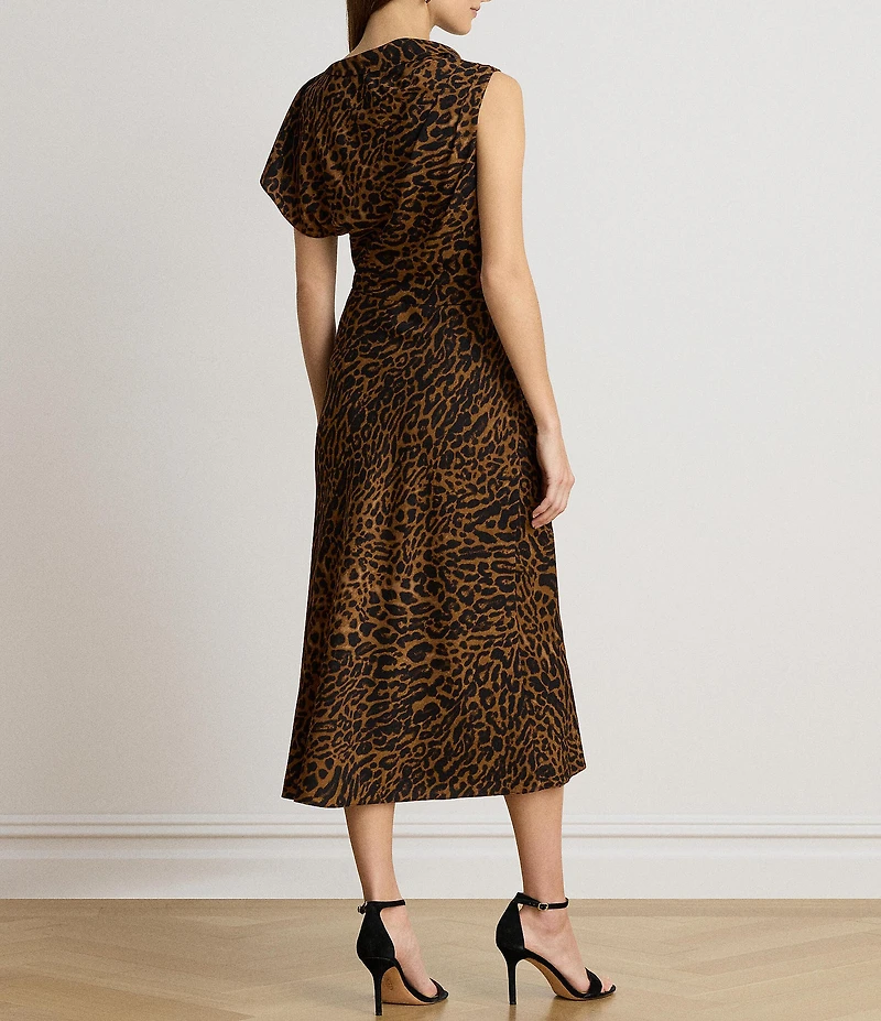 Lauren Ralph Lauren Crepe Animal Print Asymmetric Neck Sleeveless Midi Dress