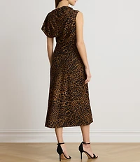 Lauren Ralph Lauren Crepe Animal Print Asymmetric Neck Sleeveless Midi Dress